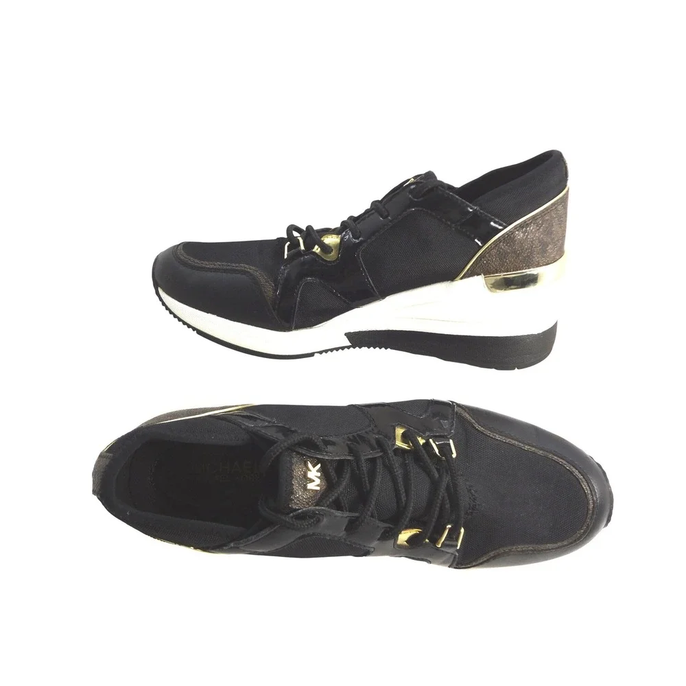 Michael Kors Women's 7M Liv Mixed Media Trainer Black Wedge Sneakers Gold Accent